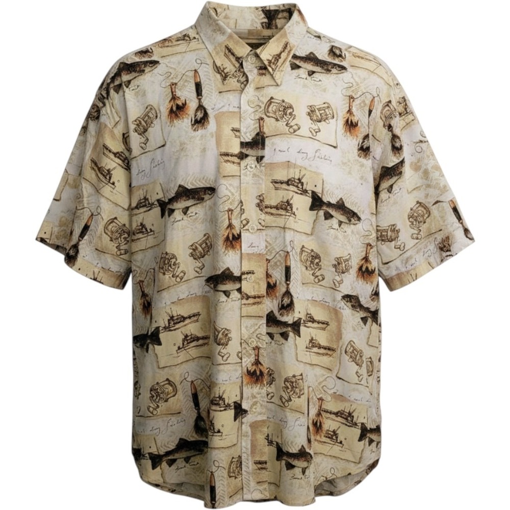 Natural Issue Button Down‎ Shirt Mens XL Tan Fishing Trout Wrinkle Free Cotton